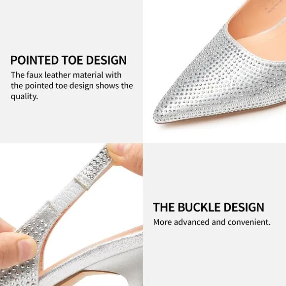 💫 Women Silver Rhinestone Glitter Heels Pointed Toe Pumps Comfy Party Shoes