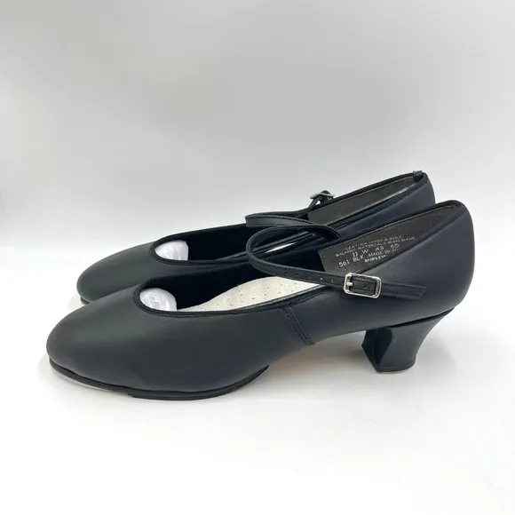 11W 11 WIDE Capezio #561 Jr Footlight 1.5&quot; Black Leather Tap Dance Shoes Heels