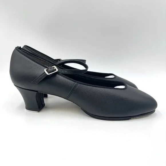 11W 11 WIDE Capezio #561 Jr Footlight 1.5&quot; Black Leather Tap Dance Shoes Heels