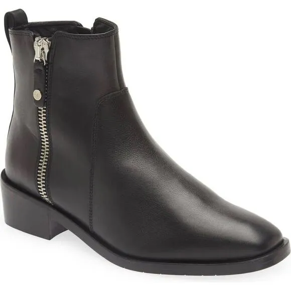 $525 Aquatalia Colbie Weatherproof Black Leather Bootie Boots Dual Zippers 10