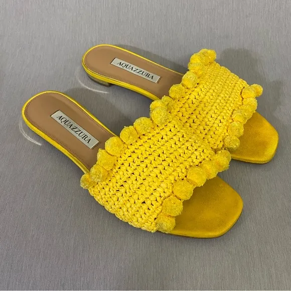 $599 AQUAZZURA Yellow Woven Raffia POMPOM Slides Sandals Shoes 6.5 / 36.5