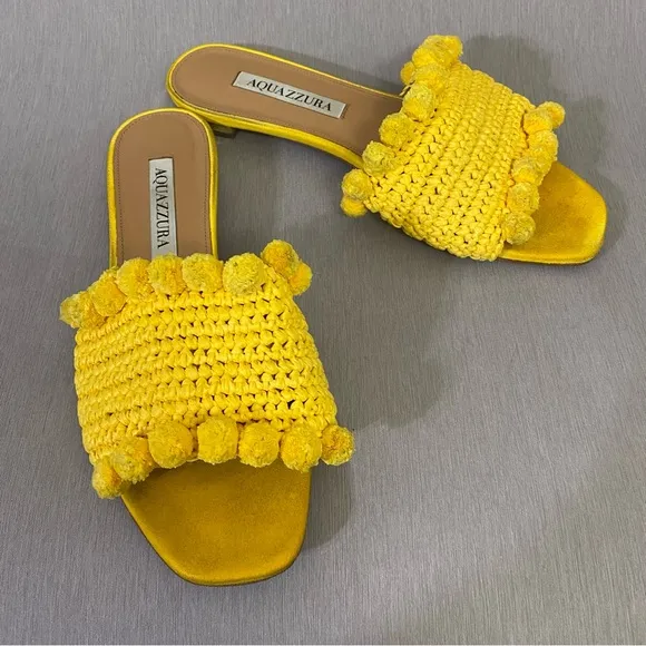 $599 AQUAZZURA Yellow Woven Raffia POMPOM Slides Sandals Shoes 6.5 / 36.5
