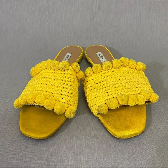 $599 AQUAZZURA Yellow Woven Raffia POMPOM Slides Sandals Shoes 6.5 / 36.5