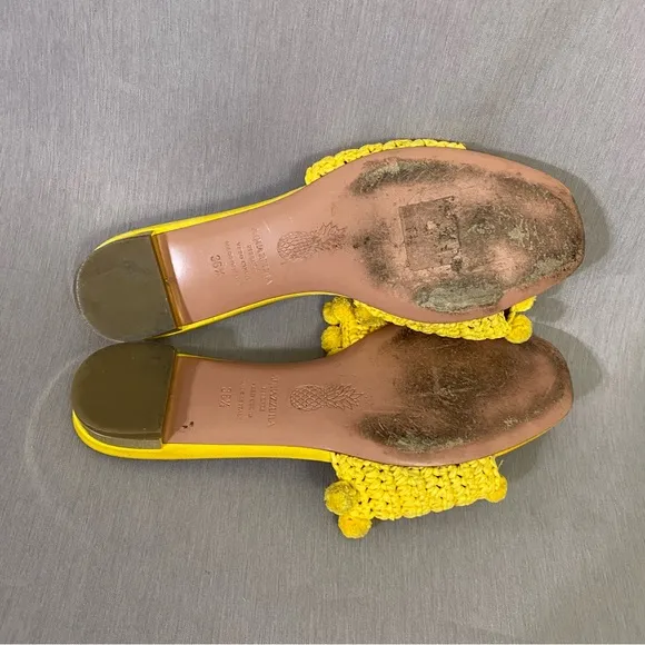$599 AQUAZZURA Yellow Woven Raffia POMPOM Slides Sandals Shoes 6.5 / 36.5