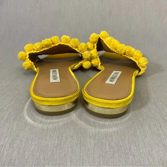 $599 AQUAZZURA Yellow Woven Raffia POMPOM Slides Sandals Shoes 6.5 / 36.5
