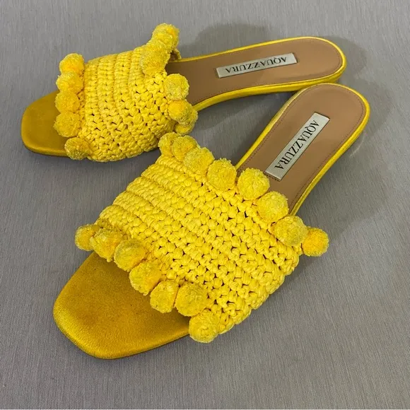 $599 AQUAZZURA Yellow Woven Raffia POMPOM Slides Sandals Shoes 6.5 / 36.5