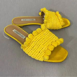 $599 AQUAZZURA Yellow Woven Raffia POMPOM Slides Sandals Shoes 6.5 / 36.5
