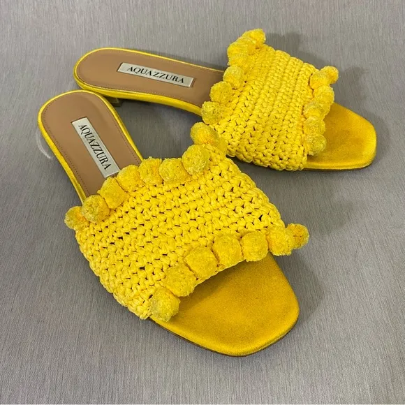 $599 AQUAZZURA Yellow Woven Raffia POMPOM Slides Sandals Shoes 6.5 / 36.5