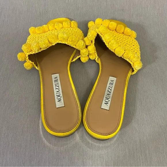 $599 AQUAZZURA Yellow Woven Raffia POMPOM Slides Sandals Shoes 6.5 / 36.5