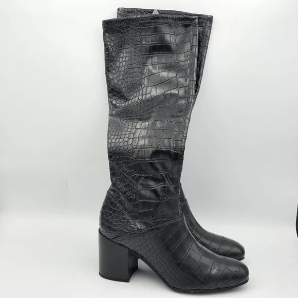 6W Franco Sarto Women's Tribute Knee High Boots, Black Crocco Faux Leather