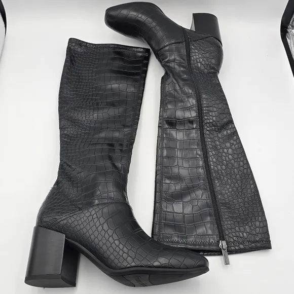 6W Franco Sarto Women's Tribute Knee High Boots, Black Crocco Faux Leather