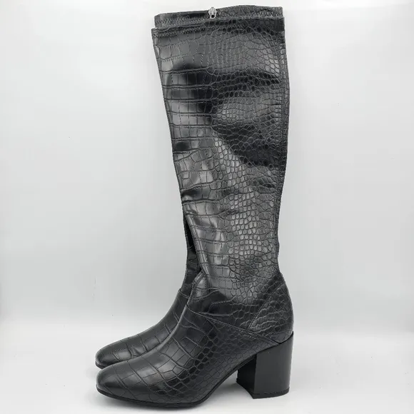 6W Franco Sarto Women's Tribute Knee High Boots, Black Crocco Faux Leather