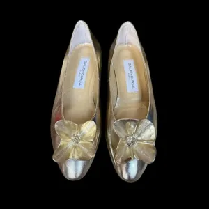 80s Balenciaga avant garde glam gold metallic leather shoes 3D flower detail