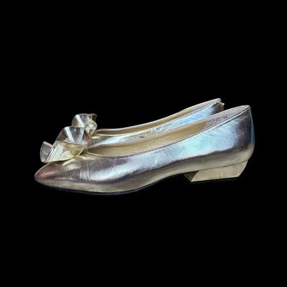 80s Balenciaga avant garde glam gold metallic leather shoes 3D flower detail
