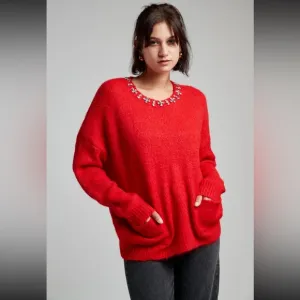 ABSOLUTELY BEAUTIFUL RED STONE DETAILED FROM PARIS FRANCE SWEATER