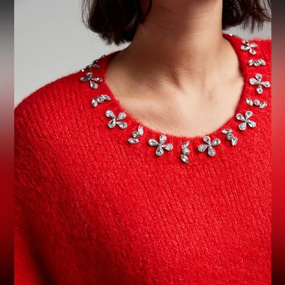ABSOLUTELY BEAUTIFUL RED STONE DETAILED FROM PARIS FRANCE SWEATER
