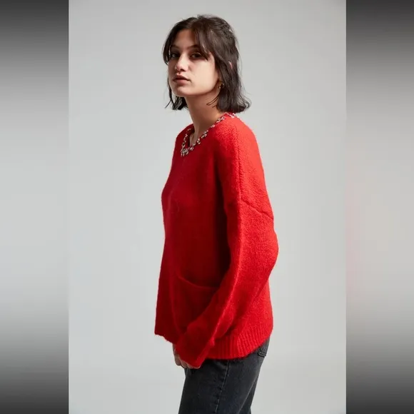 ABSOLUTELY BEAUTIFUL RED STONE DETAILED FROM PARIS FRANCE SWEATER