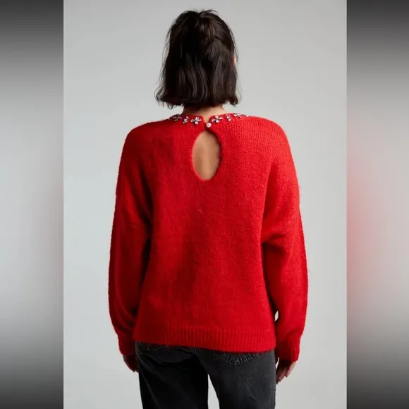 ABSOLUTELY BEAUTIFUL RED STONE DETAILED FROM PARIS FRANCE SWEATER