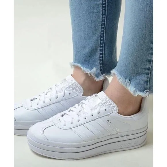 Adidas Gazelle Bold Leather Lace Up Low Top Platform Sneakers White Silver 9.5