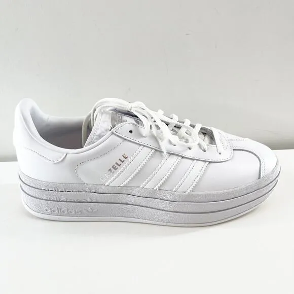 Adidas Gazelle Bold Leather Lace Up Low Top Platform Sneakers White Silver 9.5