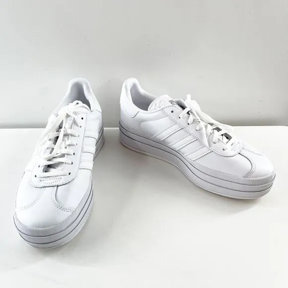 Adidas Gazelle Bold Leather Lace Up Low Top Platform Sneakers White Silver 9.5