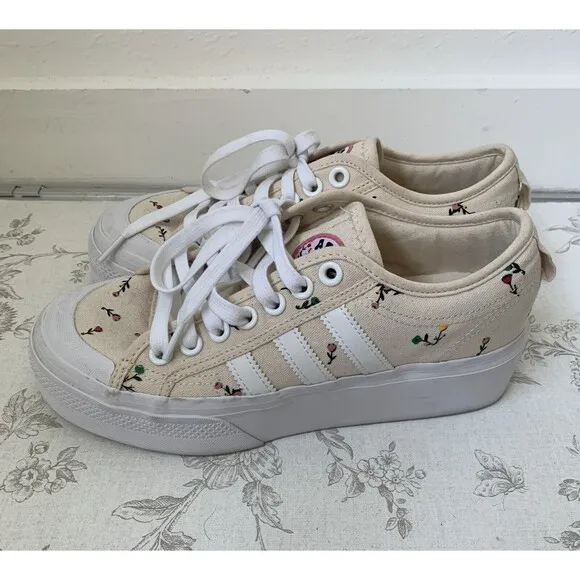 Adidas Originals Nizza Floral Platform Sneakers white, cream, floral size 8.5