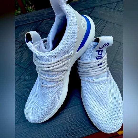 Adidas white/blue trim slip-on tennis shoes. Logo, mesh body, mock laces,13