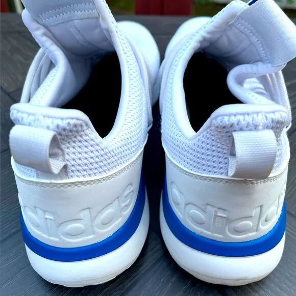 Adidas white/blue trim slip-on tennis shoes. Logo, mesh body, mock laces,13