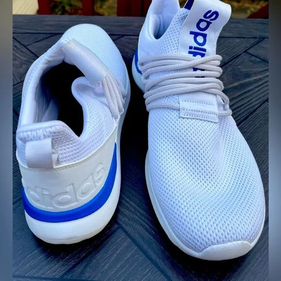 Adidas white/blue trim slip-on tennis shoes. Logo, mesh body, mock laces,13