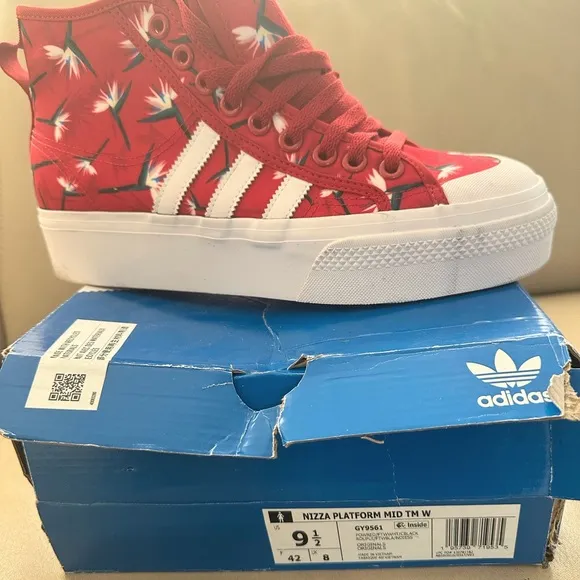 ADIDAS x THEBE MAGUGU NIZZA Women's Red Floral Mid-Top platform Sneakers 9.5