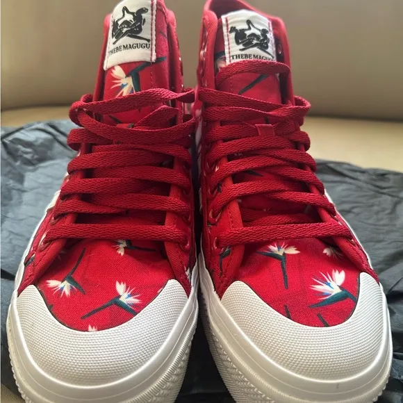 ADIDAS x THEBE MAGUGU NIZZA Women's Red Floral Mid-Top platform Sneakers 9.5