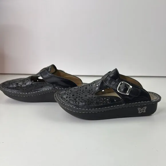 Alegria Women's Black Cutout Leather Slip-on Clogs Mules