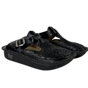 Alegria Women's Black Cutout Leather Slip-on Clogs Mules