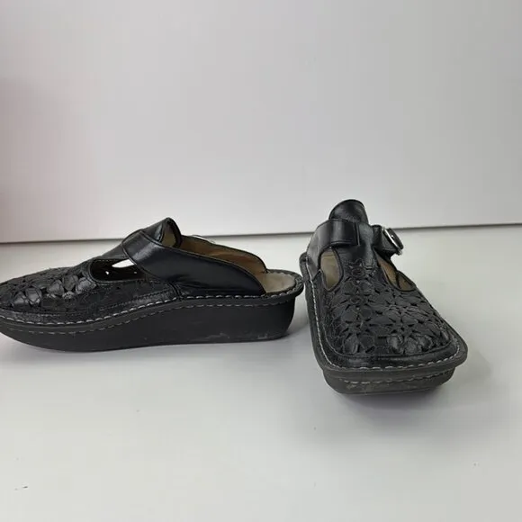 Alegria Women's Black Cutout Leather Slip-on Clogs Mules