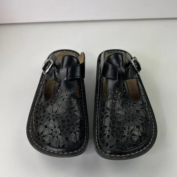 Alegria Women's Black Cutout Leather Slip-on Clogs Mules