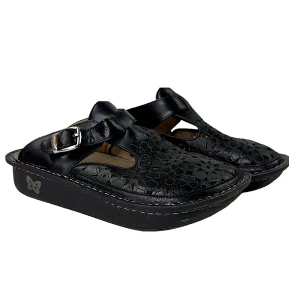 Alegria Women's Black Cutout Leather Slip-on Clogs Mules