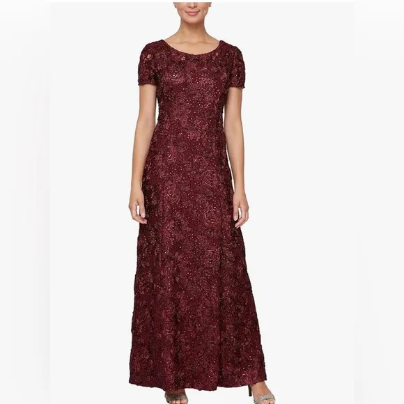 Alex Evenings Embellished Rosette Lace A-Line Gown Merlot Women Sz 8 hemmed NWOT