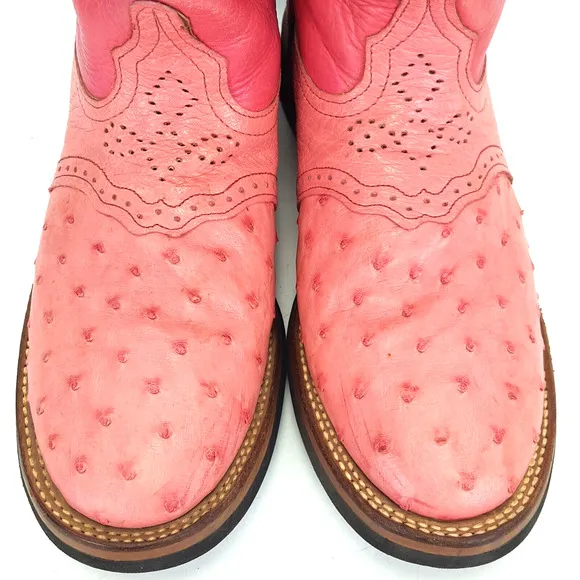 Alex Ross Full Quill Pink Ostrich Boots Round Toe Ladies Size 10 M