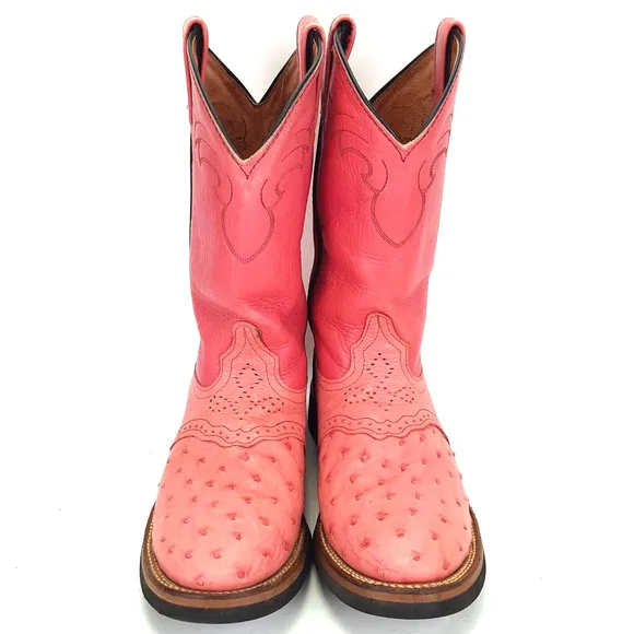 Alex Ross Full Quill Pink Ostrich Boots Round Toe Ladies Size 10 M