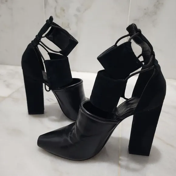 Alexander Wang Mackenzie Black Open Toe Booties Leather and Suede 36