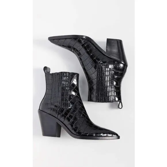 Alice   Olivia Westra Croc Embossed Leather Ankle Boots in Black.
