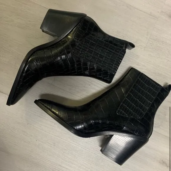 Alice   Olivia Westra Croc Embossed Leather Ankle Boots in Black.