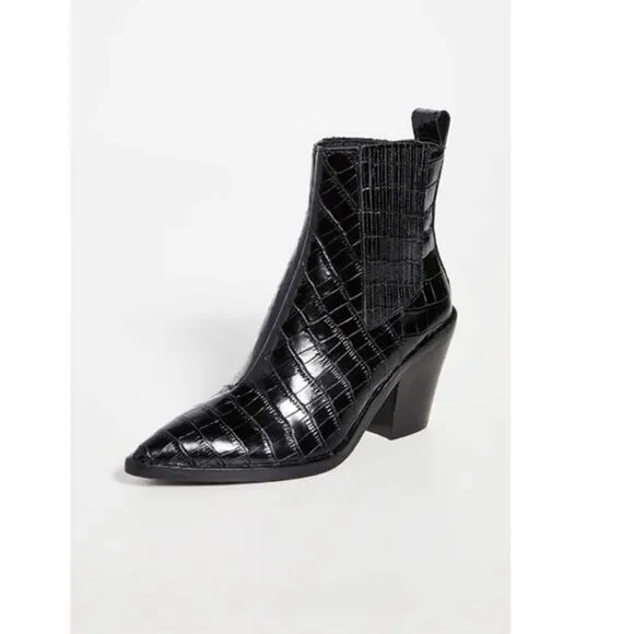 Alice   Olivia Westra Croc Embossed Leather Ankle Boots in Black.