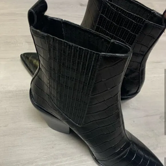 Alice   Olivia Westra Croc Embossed Leather Ankle Boots in Black.