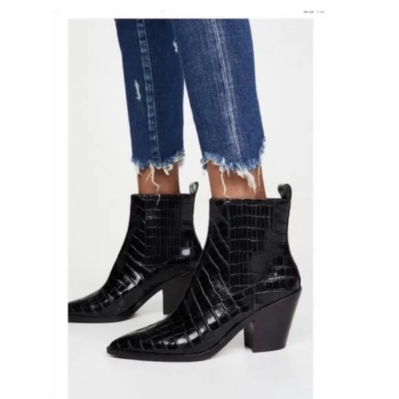 Alice   Olivia Westra Croc Embossed Leather Ankle Boots in Black.