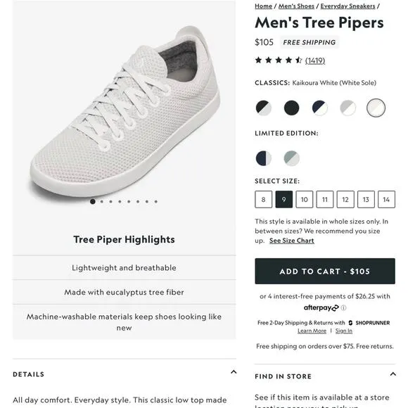 Allbirds All Birds Tree Pipers SNeaker Mens Beige Tan White 9 NWOT NEW