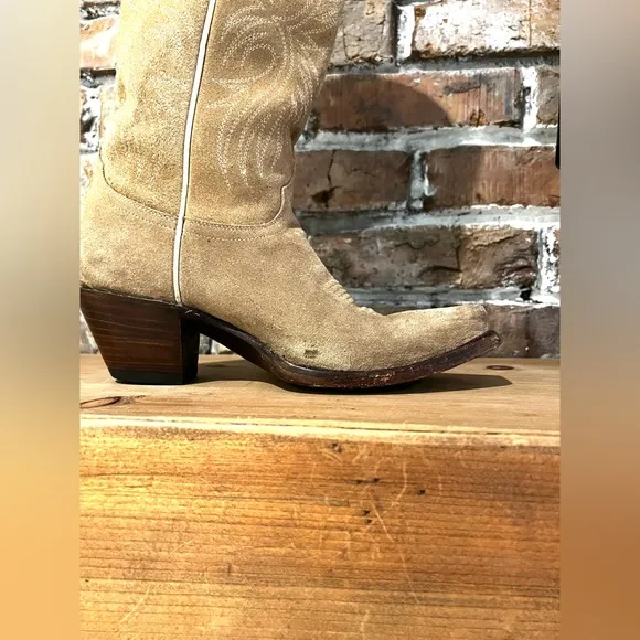 Allens Boots Aluzada Stella Sand Tall Embroidered Suede Western Heeled Boot Sz 6