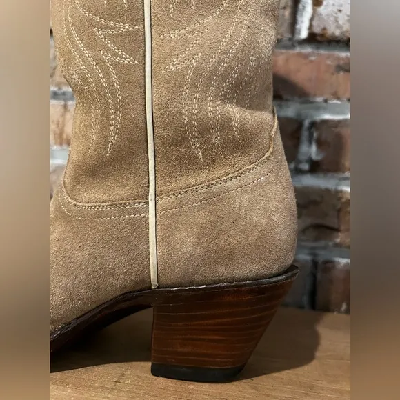 Allens Boots Aluzada Stella Sand Tall Embroidered Suede Western Heeled Boot Sz 6