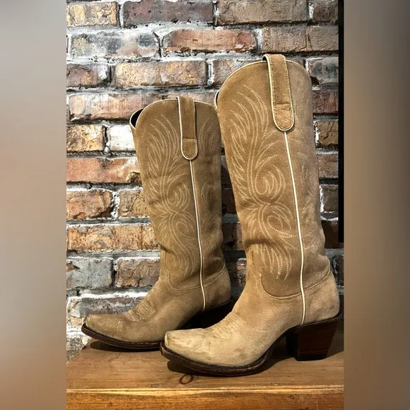 Allens Boots Aluzada Stella Sand Tall Embroidered Suede Western Heeled Boot Sz 6