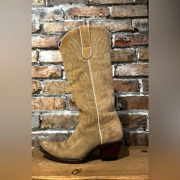 Allens Boots Aluzada Stella Sand Tall Embroidered Suede Western Heeled Boot Sz 6